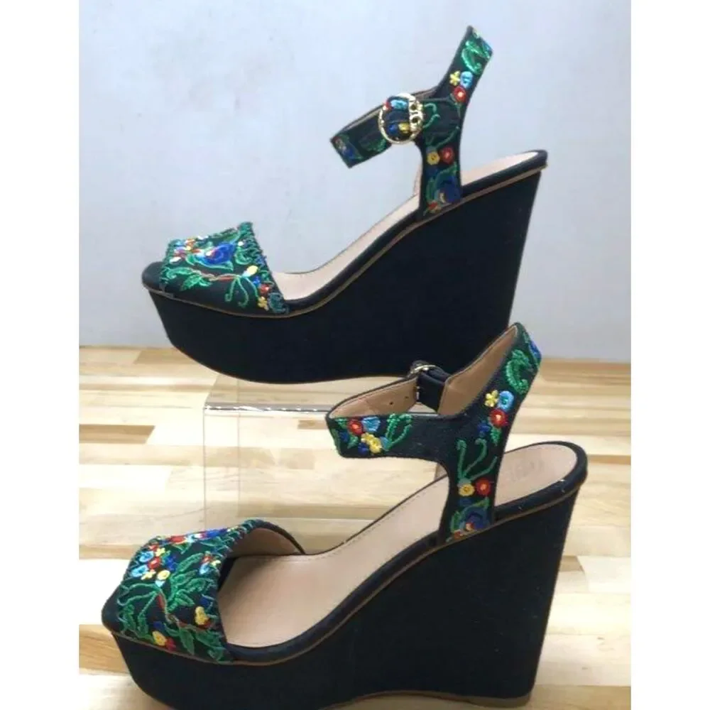 Tory Burch Sonoma Embroidered Floral Canvas Platform Wedge Sandals Ankle Strap